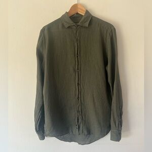 WOMO Dark Green Yarn-Dyed Linen Button Down Lightweight Long Sleeve Shirt Medium
